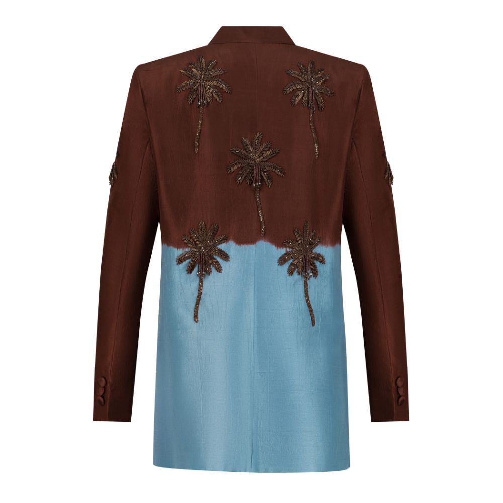 Brown and blue ombré blazer with tassel palm trees