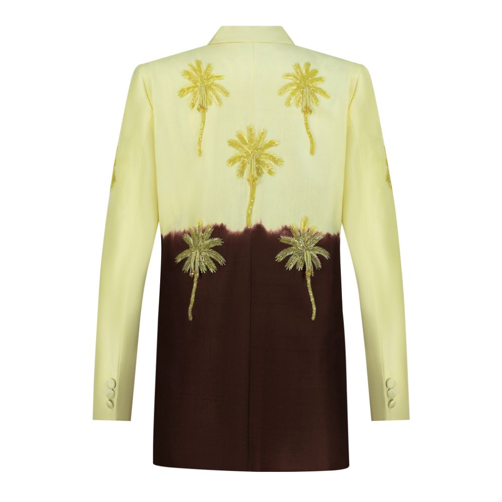 Butter yellow and brown ombré blazer with tassel palm trees